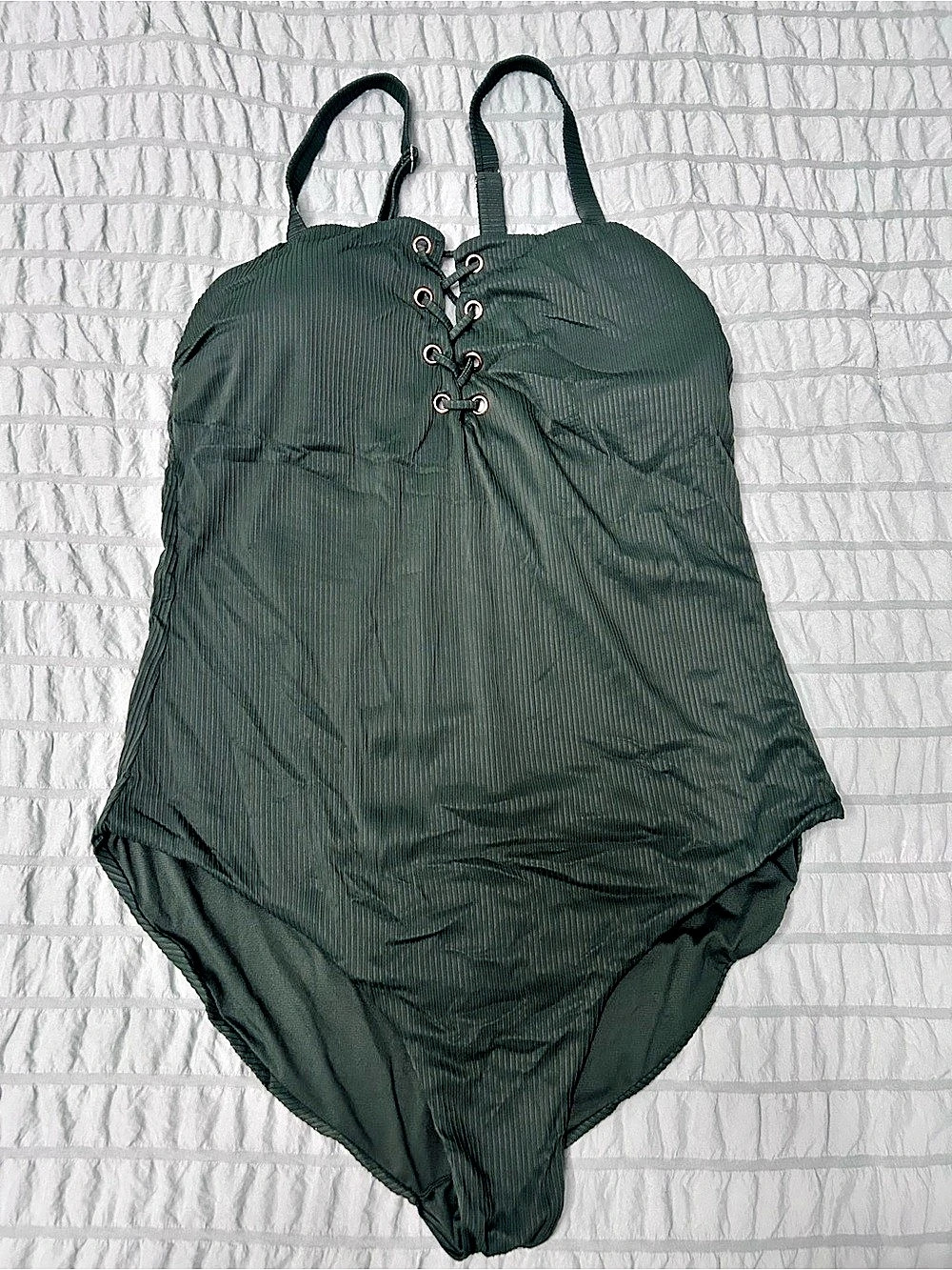 Coastal Waves Ribbed Lace-Up One-Piece Swimsuit Green 2X